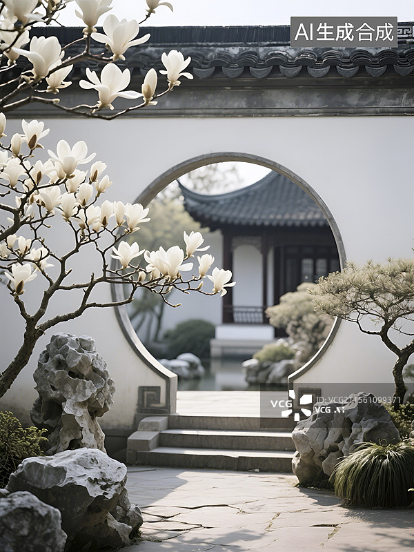【AI数字艺术】中式园林里盛开的玉兰花图片素材