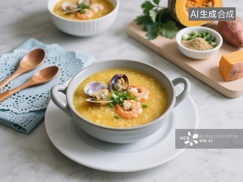 【AI数字艺术】精致海鲜粥与食材的美味展示图片素材