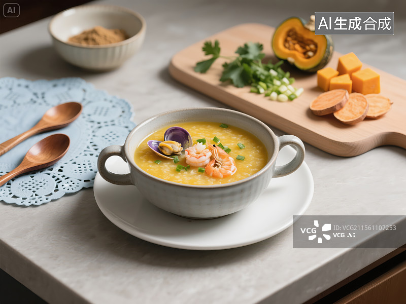 【AI数字艺术】精致海鲜粥与食材的美味展示图片素材