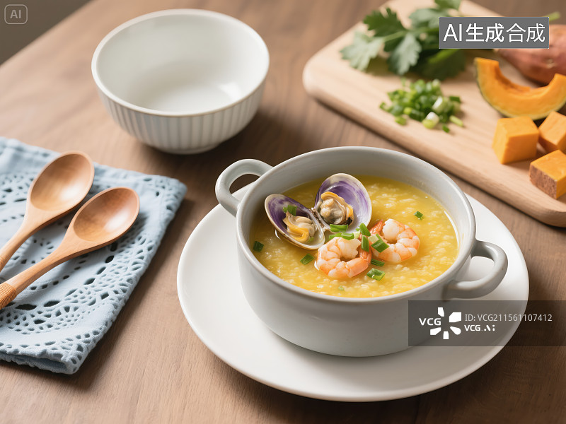 【AI数字艺术】精致海鲜粥与食材的美味展示图片素材