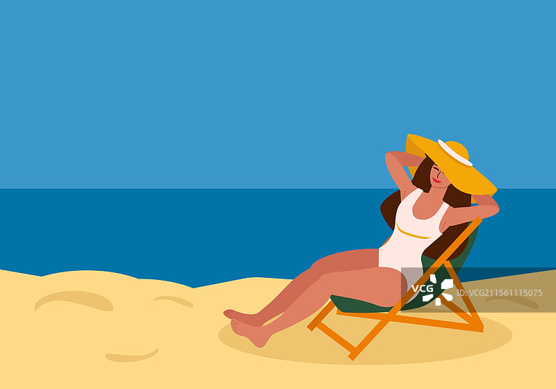 年轻女性坐在海边的躺椅上图片素材