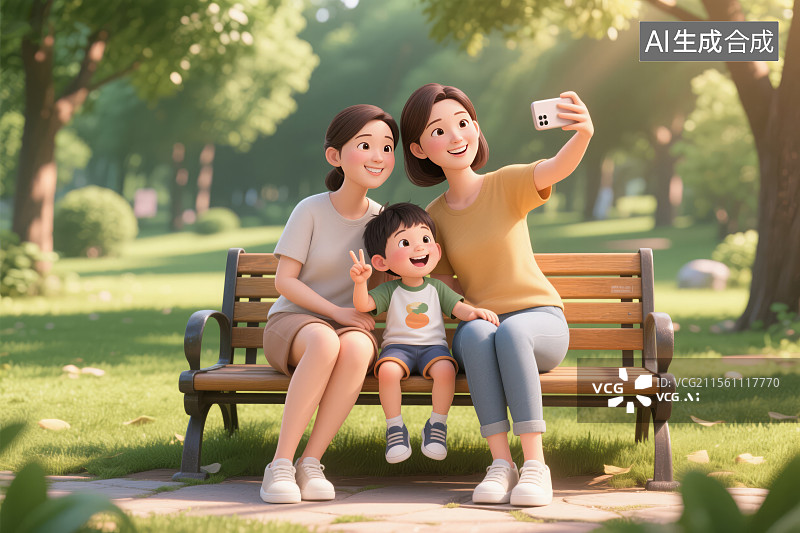 【AI数字艺术】两个漂亮妈妈和一个男孩在公园长椅上自拍三维图形3D图片素材