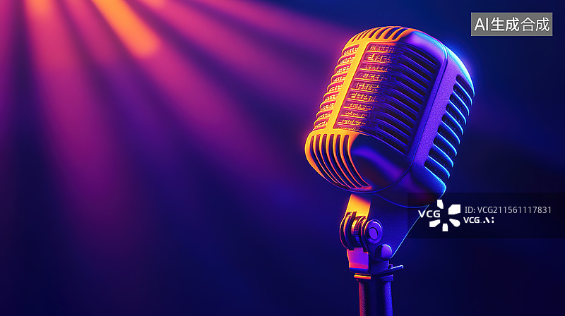 【AI数字艺术】舞台上的麦克风话筒特写插画图片素材