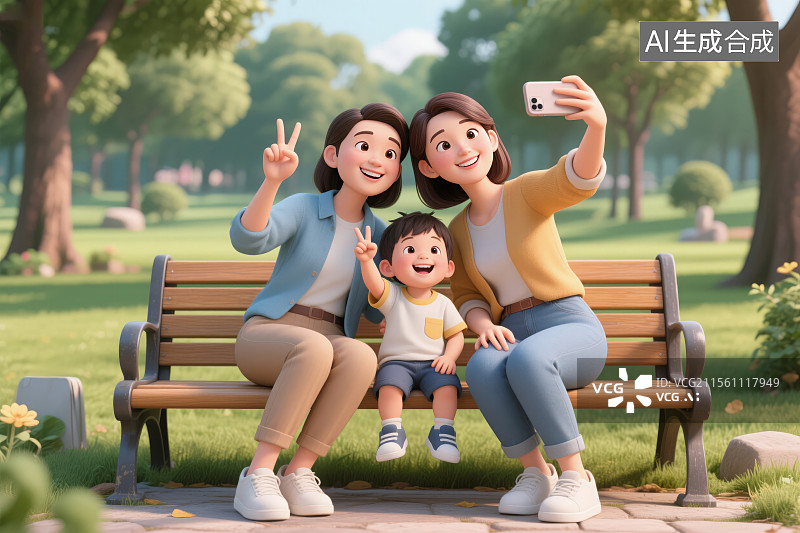【AI数字艺术】两个漂亮妈妈和一个男孩在公园长椅上自拍三维图形3D图片素材