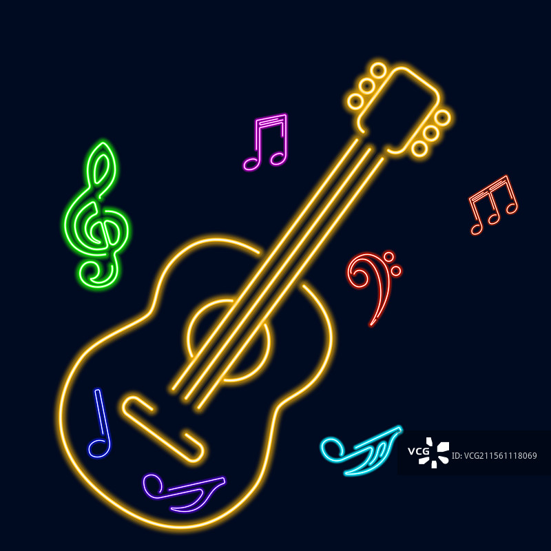 发光的黄色霓虹吉他与音符图片素材