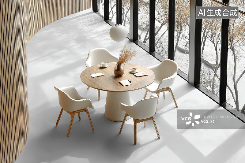 【AI数字艺术】现代木质圆桌与白色座椅图片素材