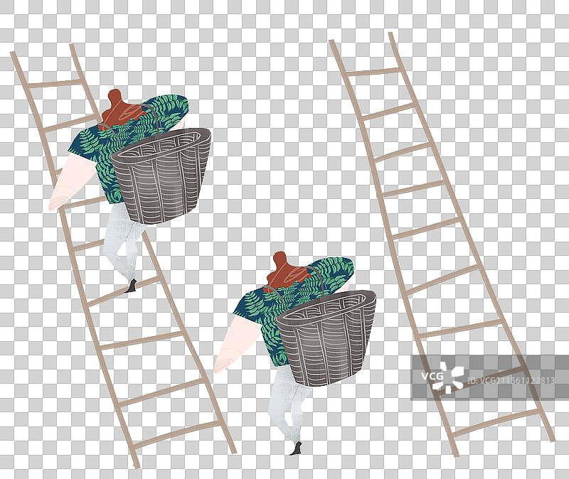 女性背着筐爬梯插画元素图片素材