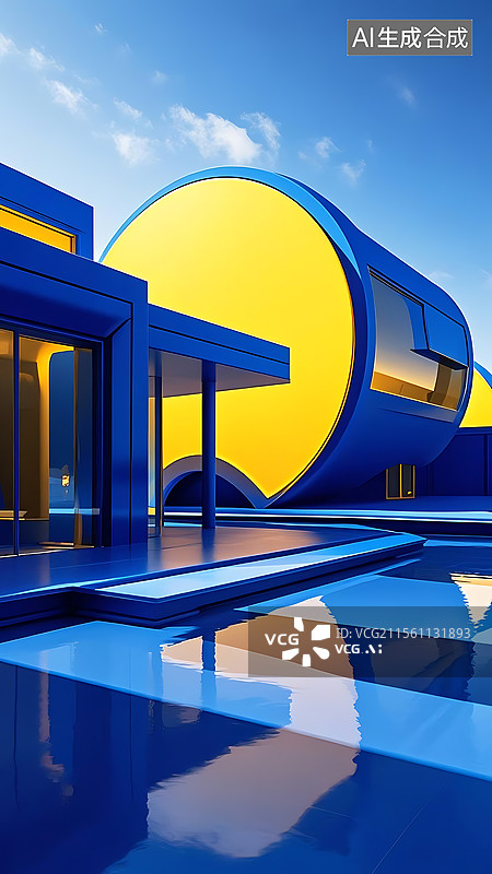 【AI数字艺术】克莱因蓝色搭配那不勒斯黄色未来主义时尚简约建筑空间图片素材