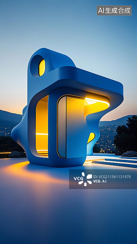【AI数字艺术】克莱因蓝色搭配那不勒斯黄色未来主义时尚简约建筑空间图片素材