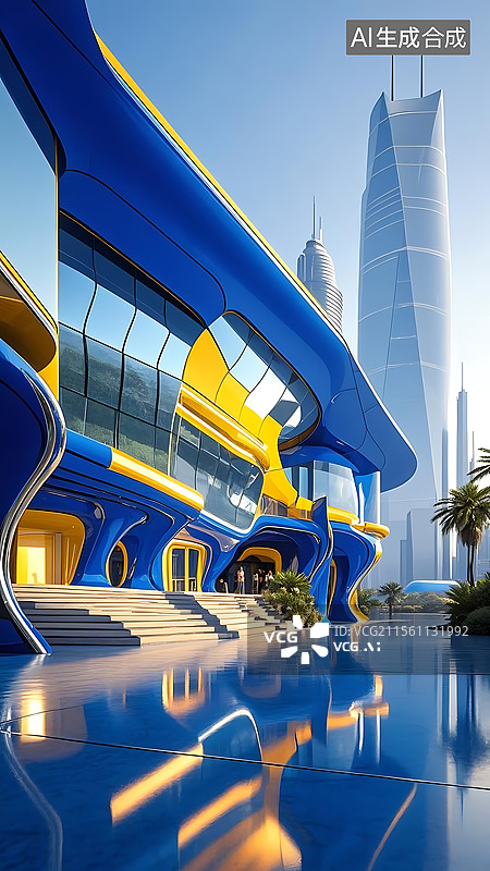 【AI数字艺术】克莱因蓝色搭配那不勒斯黄色未来主义时尚简约建筑空间图片素材
