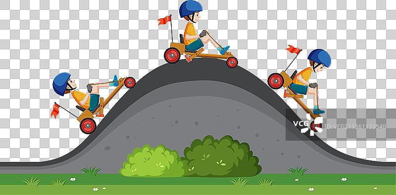 三个孩子在草坡上享受卡丁车比赛图片素材