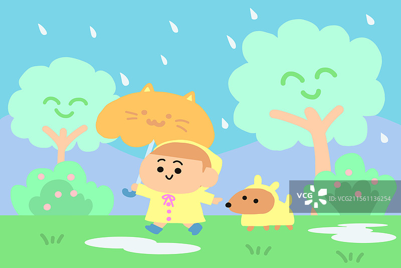 可爱的男孩在雨天图片素材