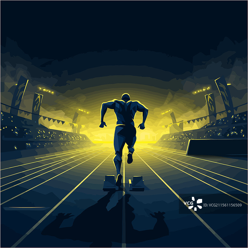 运动员在体育场的跑道上准备起跑。图片素材