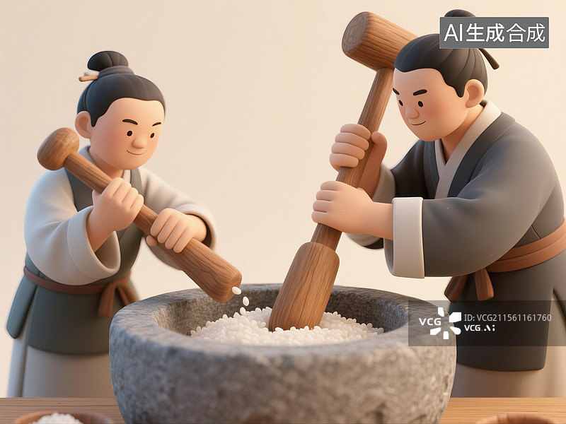 【AI数字艺术】3D渲染中国风卡通人物，两个穿着古代服装的人在打年糕，打年糕，中式传统美食小吃，打糕，年糕图片素材