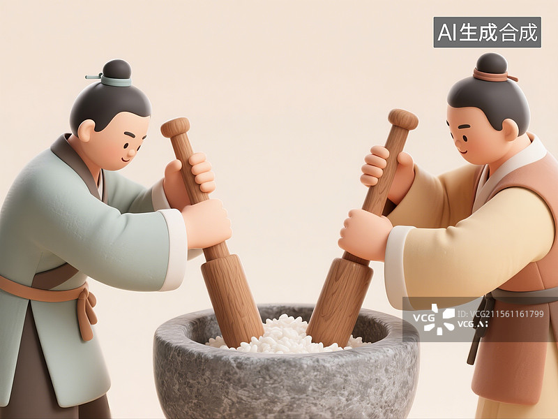 【AI数字艺术】3D渲染中国风卡通人物，两个穿着古代服装的人在打年糕，打年糕，中式传统美食小吃，打糕，年糕图片素材