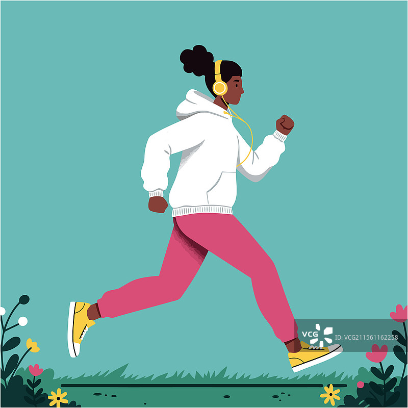 在公园里跑步的女性，佩戴着耳机，展现活力。图片素材