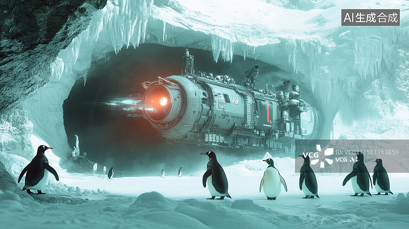【AI数字艺术】极地冰原下的科考船和企鹅3D渲染图片素材