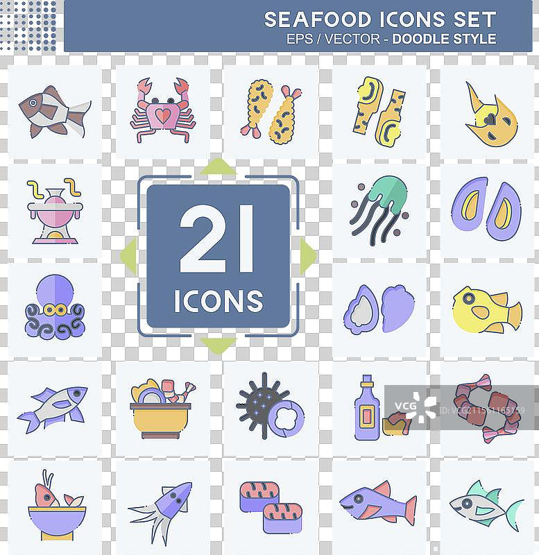 与假日符号相关的海鲜图标集涂鸦图片素材