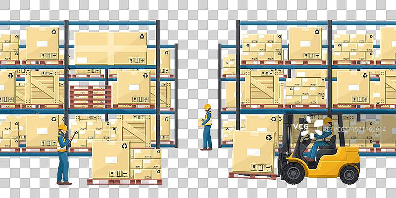 仓库内部，货架上堆放着托盘图片素材