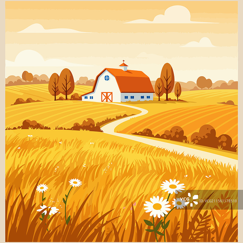 迷人的农场风景，带有谷仓、田野和雏菊图片素材