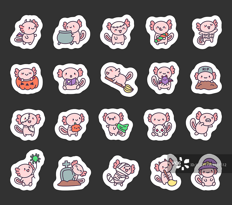 万圣节可爱的墨西哥钝口螈卡通角色系列图片素材