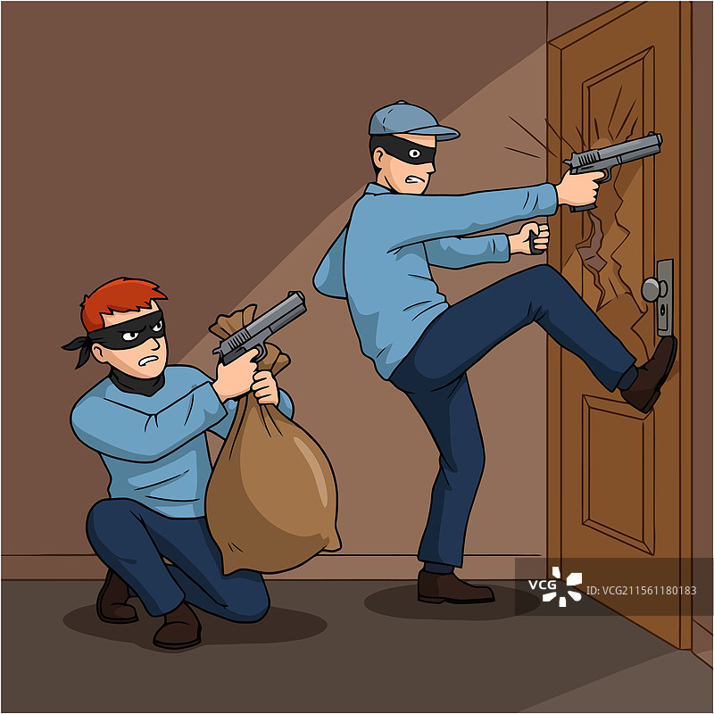 卡通窃贼用枪破门而入图片素材