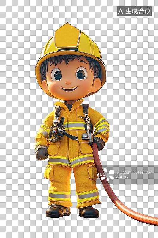 【AI数字艺术】3D插画站在消防车前的消防员图片素材