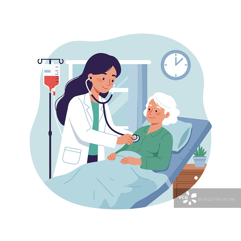 医生在医院病床上检查老年患者图片素材