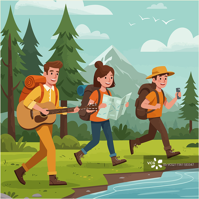 朋友们在大自然中远足并弹吉他图片素材