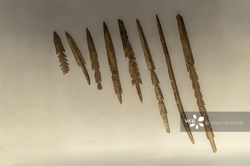 河南博物院“走向邦国—新石器时期”展：骨鱼镖（新石器时代裴李岗文化，舞阳县贾湖出土）图片素材