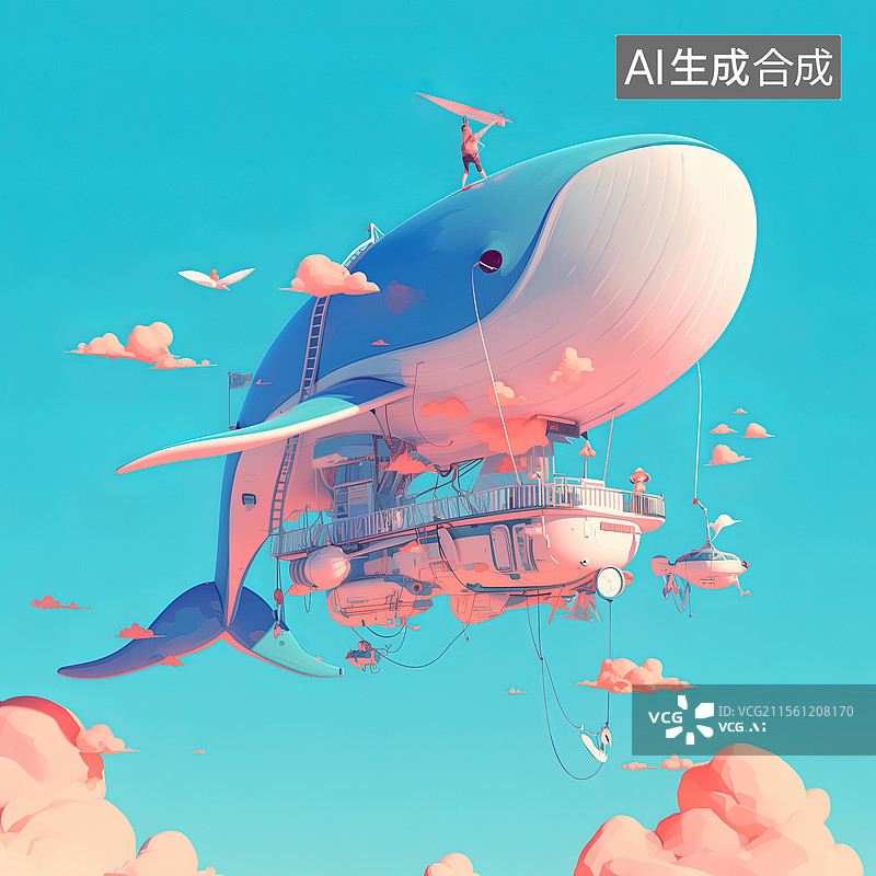 【AI数字艺术】卡通鲸鱼飞船图片素材