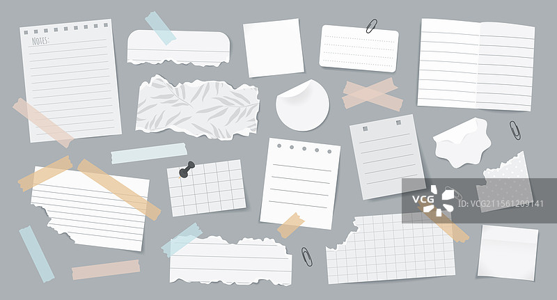 一组各种撕裂的纸条、便签、贴纸和胶带图片素材