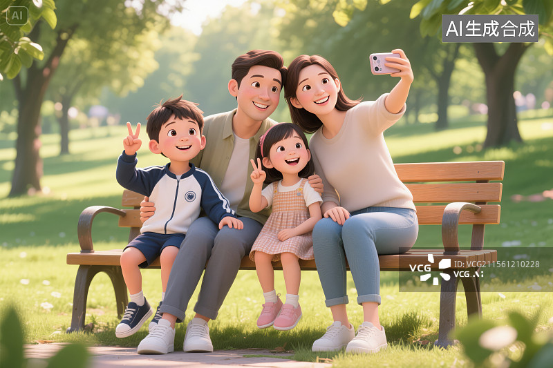 【AI数字艺术】一家四口在公园长椅上自拍三维图形3D图片素材