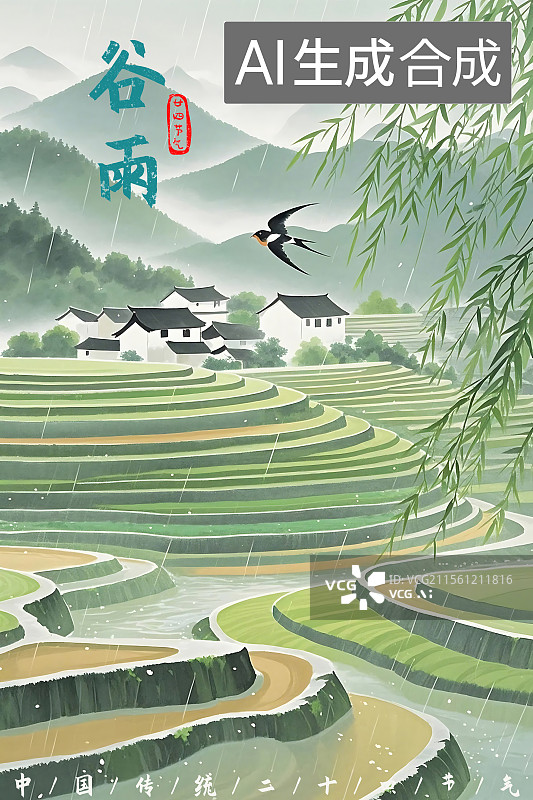 【AI数字艺术】谷雨节气海报清明谷雨海报国风背景图片素材