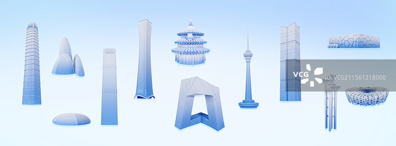 3D立体北京地标建筑城市天际线蓝色北京城市插画图片素材
