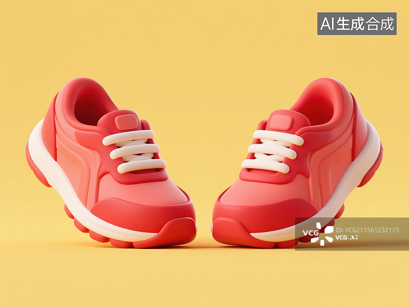 【AI数字艺术】动感3D粘土风格红色跑鞋黄色背景上的鲜艳运动器材插画抽象健身健康活动趣味卡设计图片素材