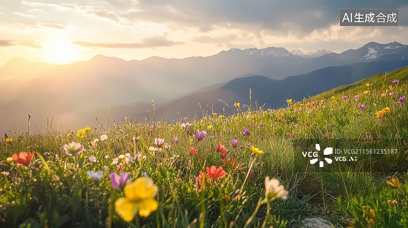 【AI数字艺术】山谷野花草坪图片素材