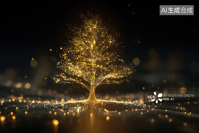 【AI数字艺术】金色虚拟数字发光粒子科技树图片素材