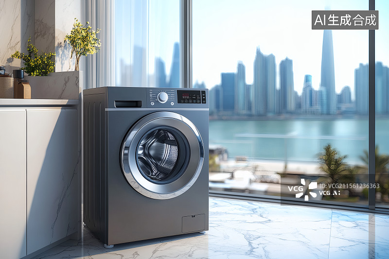 【AI数字艺术】别墅中的一台滚筒洗衣机图片素材
