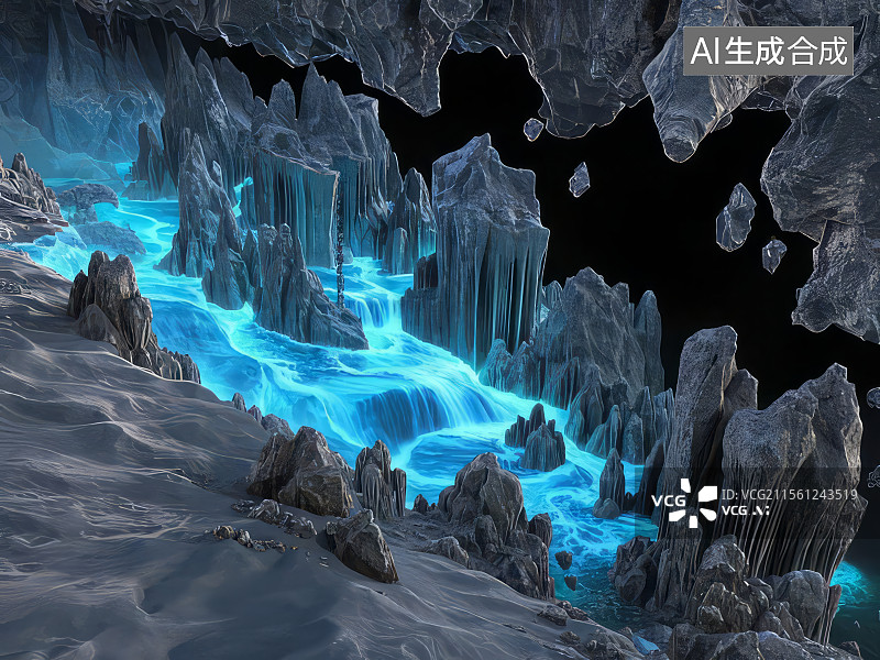 【AI数字艺术】蓝色发光的地下溶洞图片素材