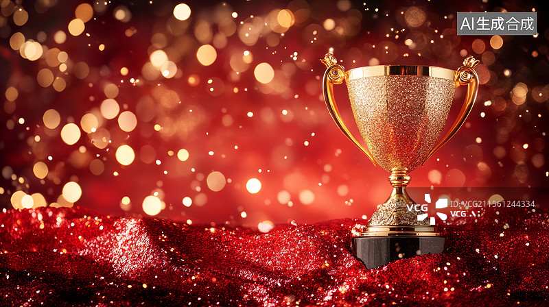 【AI数字艺术】红金背景金色奖杯图片素材