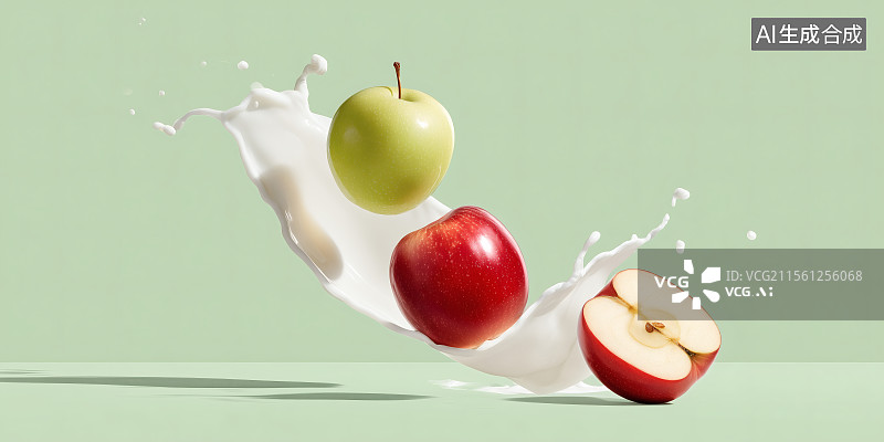 【AI数字艺术】绿色背景下乳饮品中的苹果图片素材