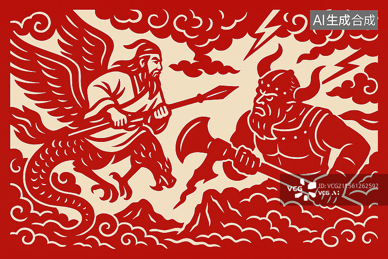 【AI数字艺术】中国古代神话传说，黄帝战蚩尤，非遗剪纸图片素材