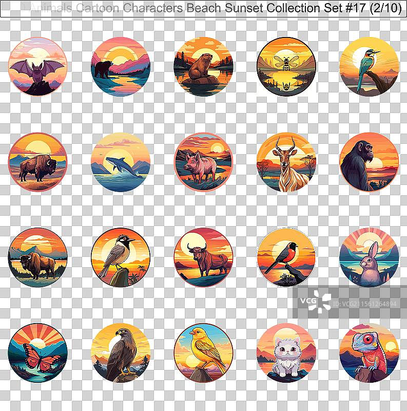 200只动物卡通角色在海滩日落时分图片素材