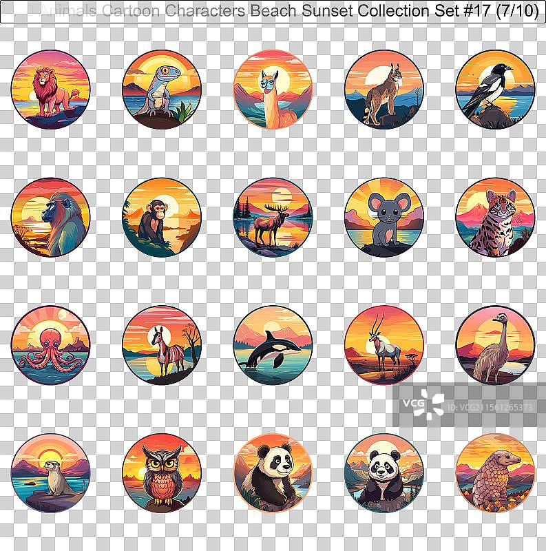 200只动物卡通角色在海滩日落时分图片素材