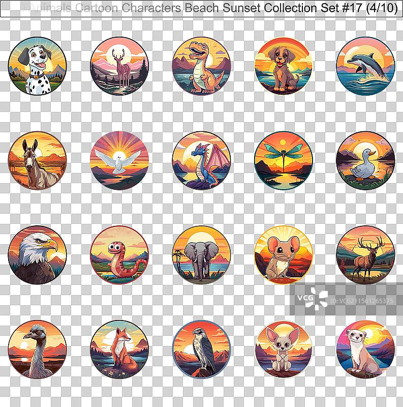200个动物卡通角色在海滩日落下图片素材