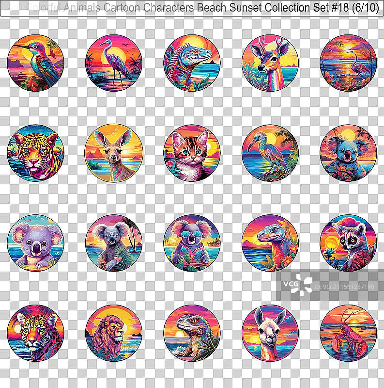 200个色彩斑斓的动物卡通角色在海滩上图片素材