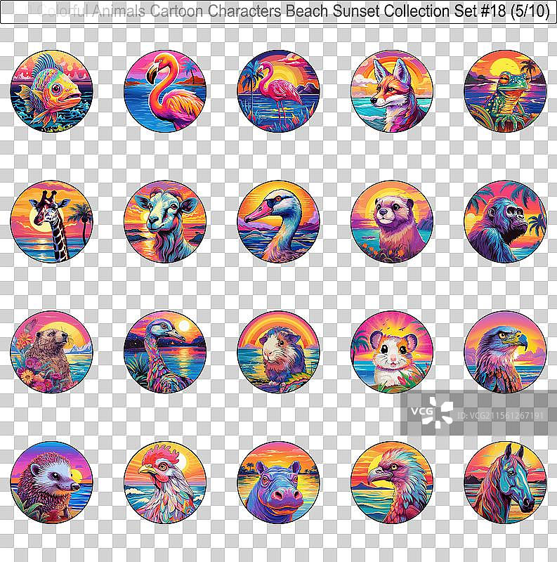 200个色彩斑斓的动物卡通角色在海滩上图片素材