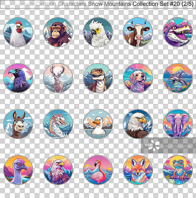 100只动物卡通角色在雪山上图片素材