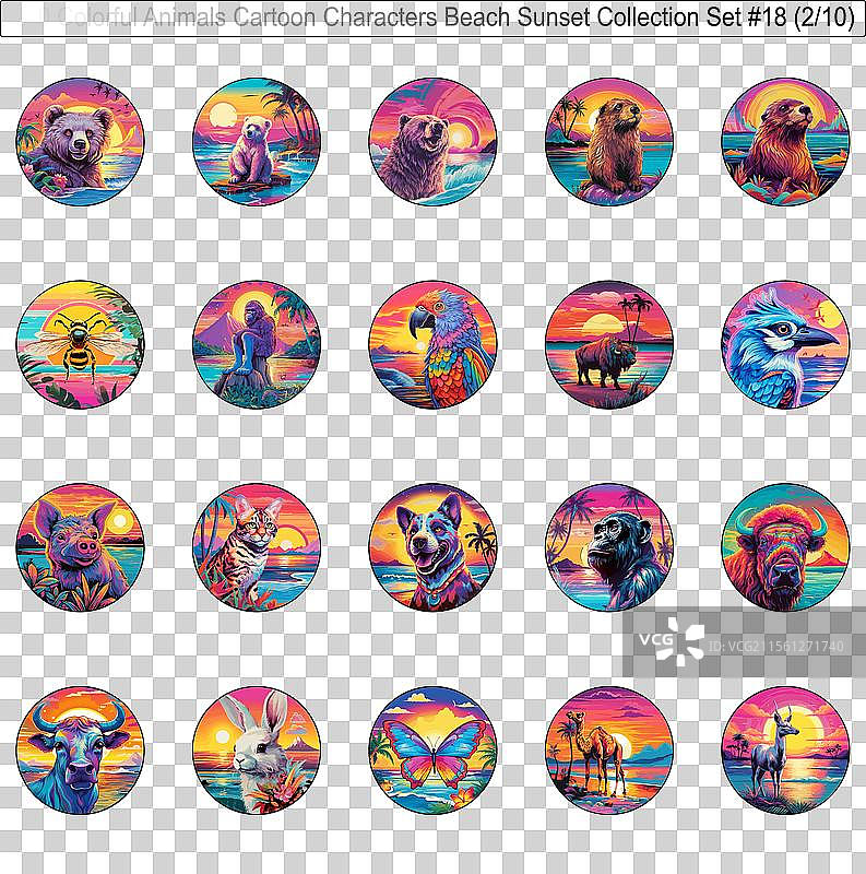 200个色彩斑斓的动物卡通角色在海滩上图片素材